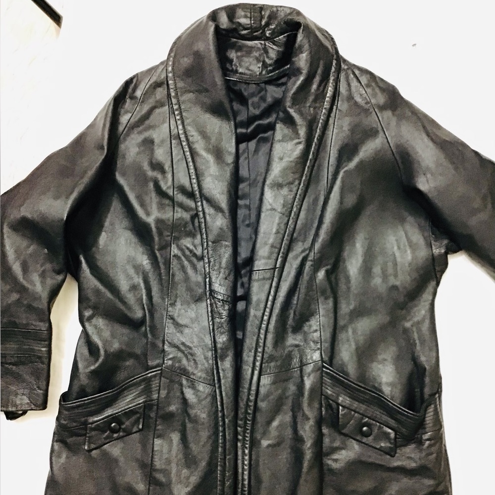 VINTAGE Black Leather Maxi Coat - Picture 7 of 12